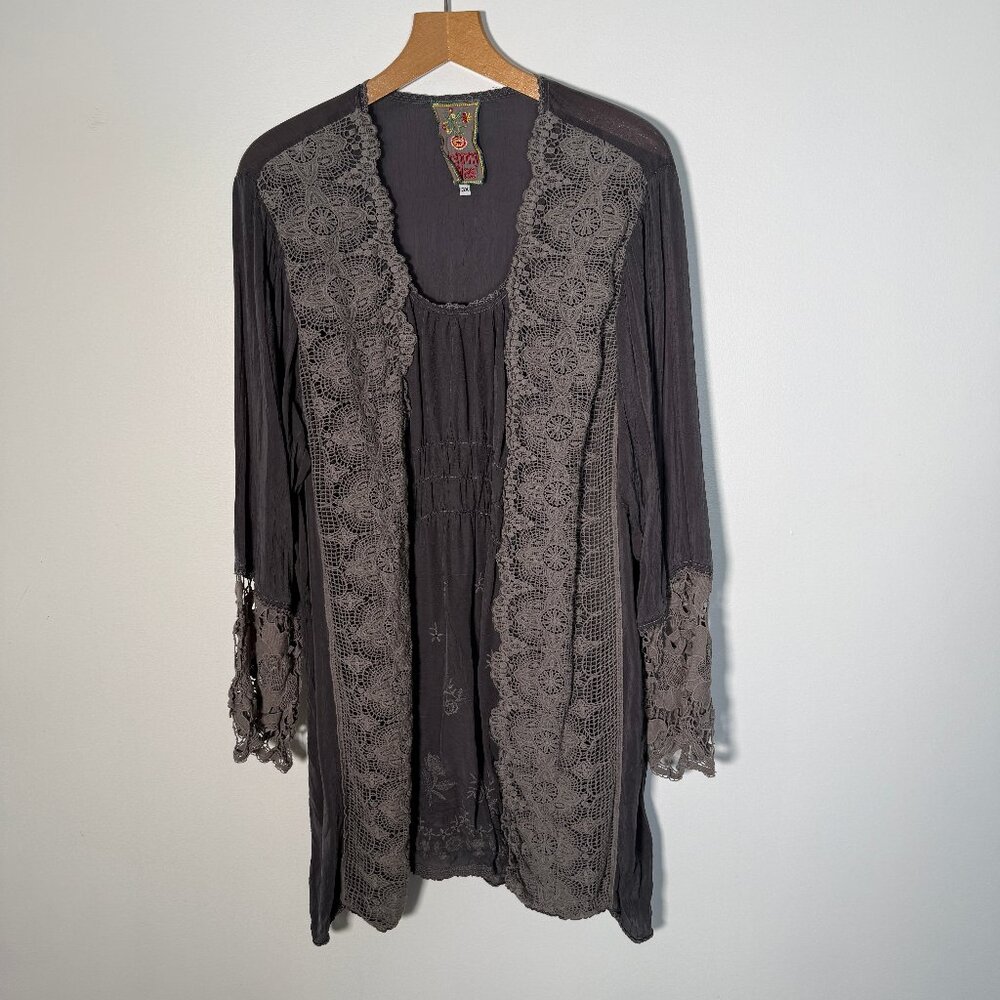 Johnny Was Grey Embroidered Crochet Tunic Top Bohemian 3X